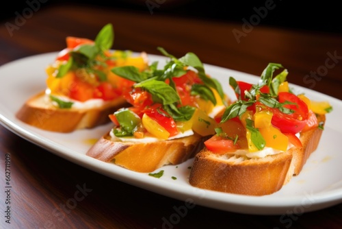 bruschetta with generous heapings of pickled bell peppers