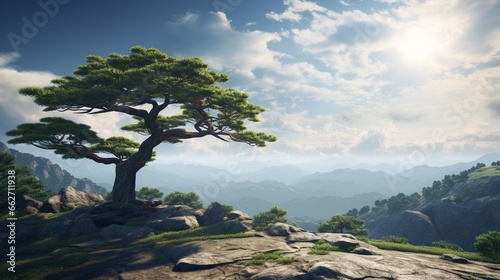 A serene mountain plateau with a single tree perched on the edge, its branches gracefully reaching towards the sky, providing natural shade and serenity for yoga and meditation