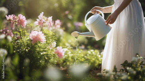 Gardener woman basket working watering flower agriculture farmer plant picking organic