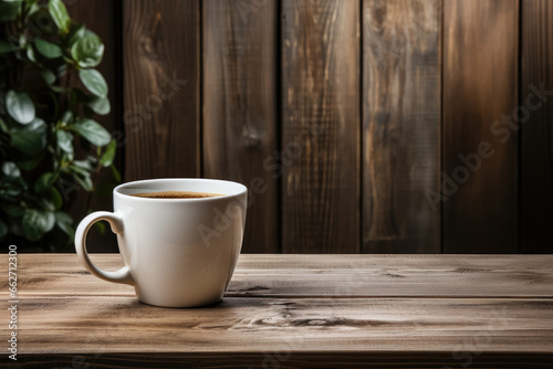 Coffee cup on wooden table with copy space