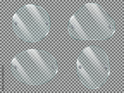 Set of glass or plastic plate with metal mounts. Realistic vector illustration isolated on transparent background.