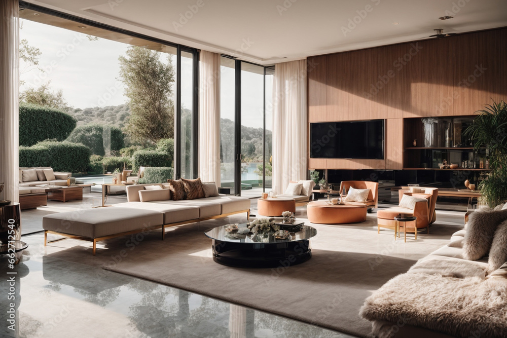 modern interior luxury drawing room, elegant sofa set table, outer swimming pool night view modern interior luxury drawing room, elegant sofa set table, outer swimming pool night view