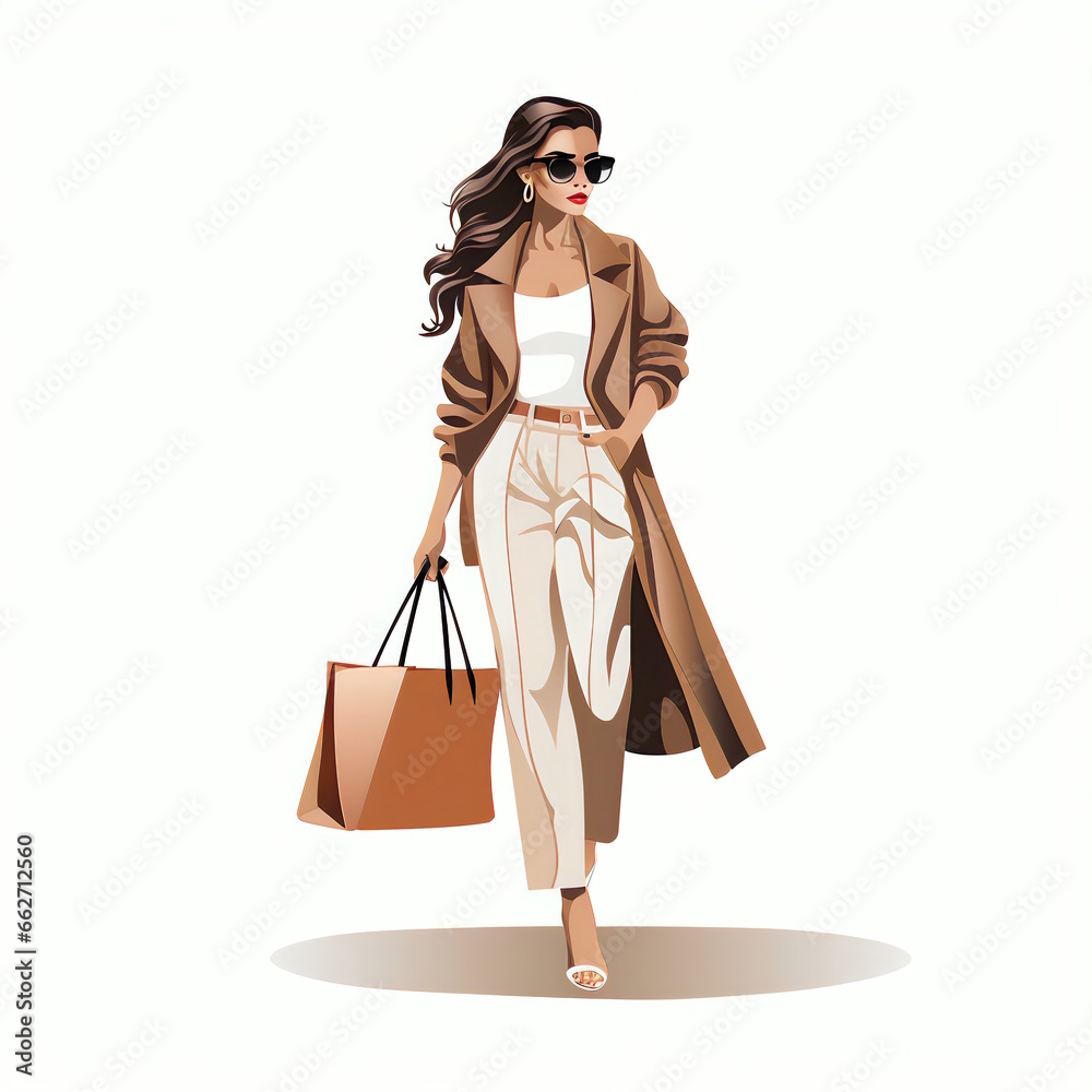 Vector Illustration of Woman with Shopping bag Isolated on White Background.