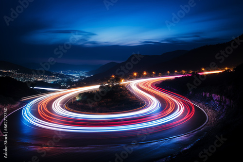 Mesmerizing beauty of light trails created through a long exposure shot on a winding road. Ai generated