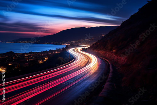 Mesmerizing beauty of light trails created through a long exposure shot on a winding road. Ai generated © twindesigner