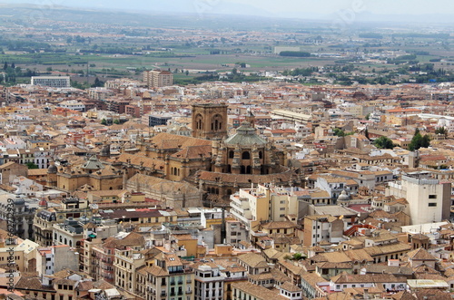 View of Granada city with the Cathedral, from the Alhambra, Alcazaba fortress in Granada, Andalusia, Spain.