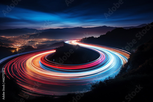 Mesmerizing beauty of light trails created through a long exposure shot on a winding road. Ai generated