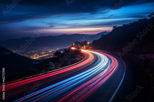 Mesmerizing beauty of light trails created through a long exposure shot on a winding road. Ai generated