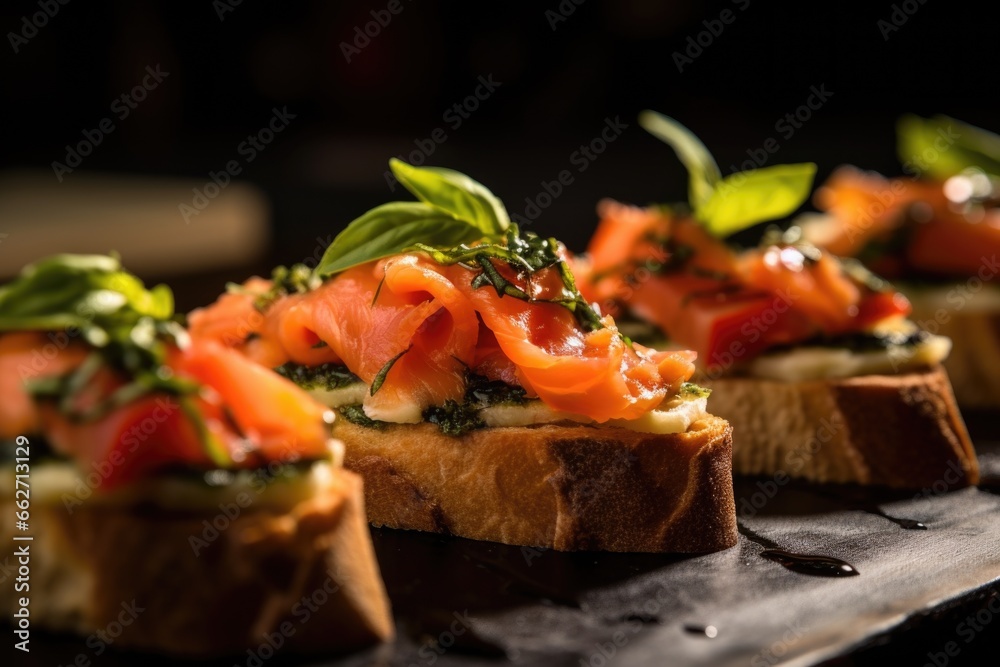 close-up of bruschetta with smoked cheese under natural light