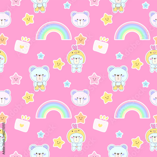 Cute Seamless pattern kawaii sweet animals cartoon character bear's elements for kid's paper textile clothes  on pink background with yellow stars  seamless baby pattern