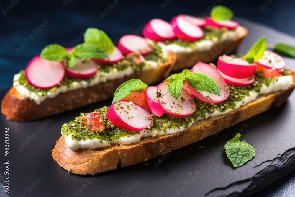 zaatar spiced bruschetta, radishes, and mint leaves on slate board