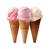 three ice cream cone element isolated on transparent background or white background