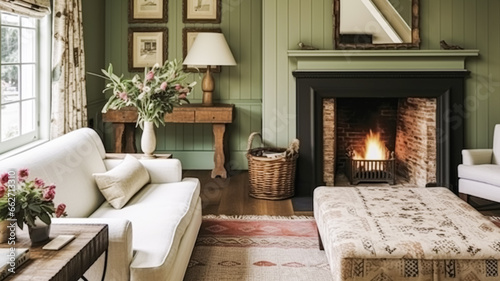 Antique cottage sitting room, green wall living room interior design and country house home decor, sofa, fireplace and lounge furniture, English countryside style photo