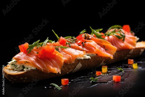 bruschetta topped with smoked salmon nestled on black background