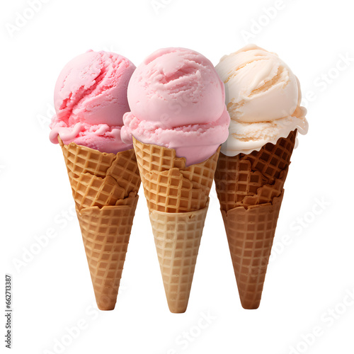 three ice cream cone element isolated on transparent background or white background