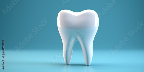 Tooth on a blue background. Concept of advertising dentist and healthy teeth.