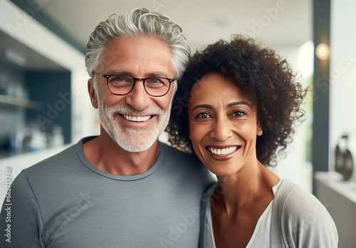 Adult mixed-race couple smiling in a modern interior. Concept of advertising dentist and healthy teeth.