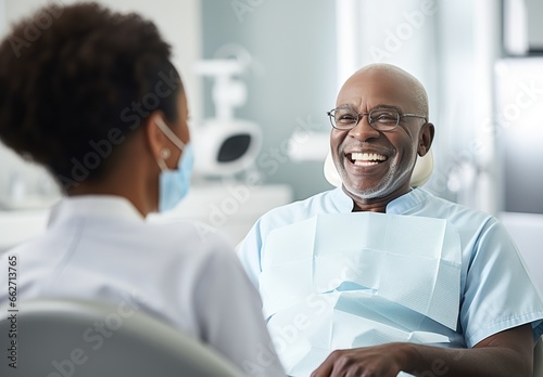 Elderly African-American man with glasses smiling while sitting in a dental chair, in front of him is a female dentist wearing a mask. Concept of advertising dentist and healthy teeth.