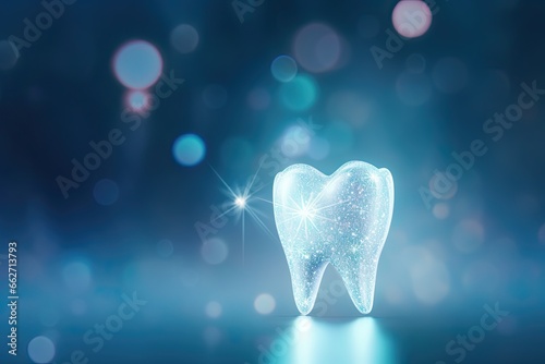 A shimmering tooth on a blue background with bright flares and bokeh. Concept of advertising dentist and healthy teeth. photo
