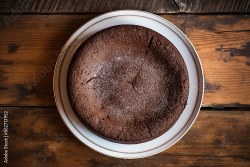 top view of a flourless chocolate cake on a wooden table photo