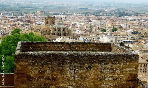 View of Granada city with the Cathedral,  from the Alhambra, Alcazaba fortress in Granada, Andalusia, Spain.