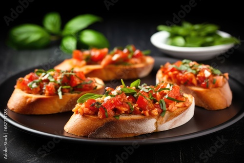 freshly prepared tomato bruschetta with dewy basil leaves on top