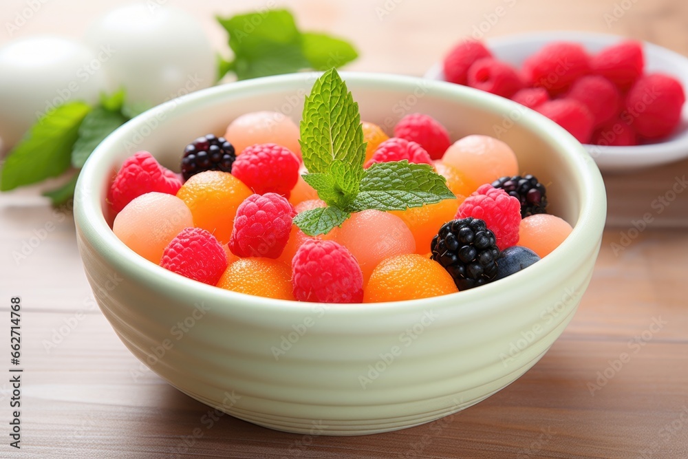 melon balls and berries salad in a ceramic white bowl melon balls and berries salad in a ceramic white bowl