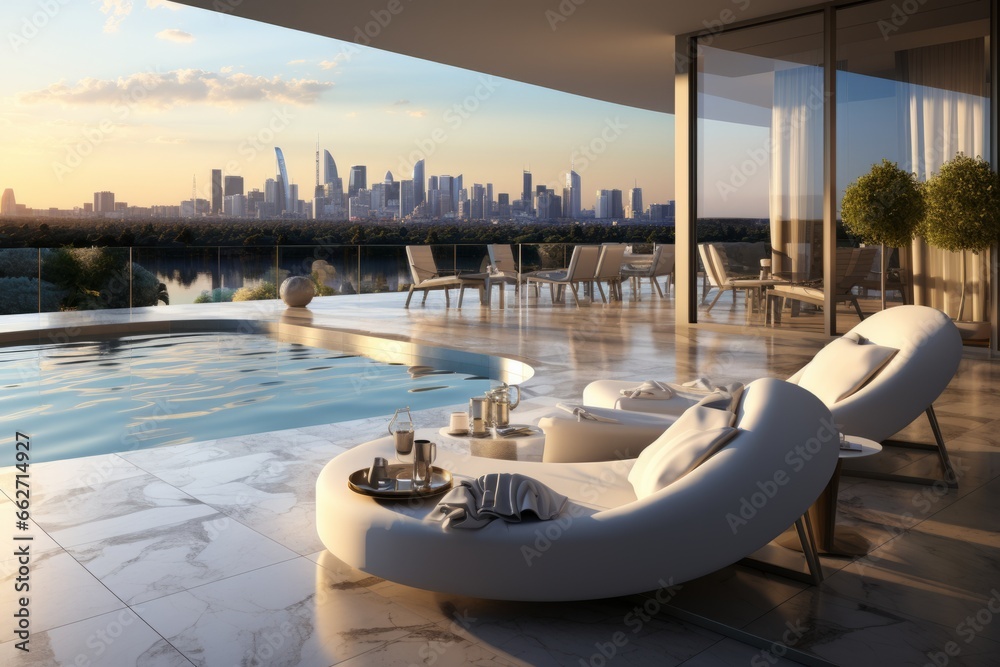 Fototapeta premium Luxury minimalist hotel penthouse suite with a private terrace, infinity pool, and panoramic city views, Generative AI