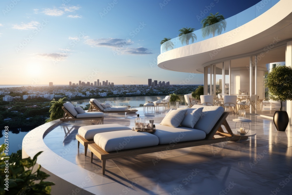 Obraz premium Luxury minimalist hotel penthouse suite with a private terrace, infinity pool, and panoramic city views, Generative AI