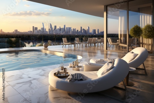 Luxury minimalist hotel penthouse suite with a private terrace  infinity pool  and panoramic city views  Generative AI