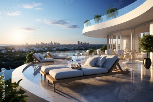 Luxury minimalist hotel penthouse suite with a private terrace, infinity pool, and panoramic city views, Generative AI © Box Milk