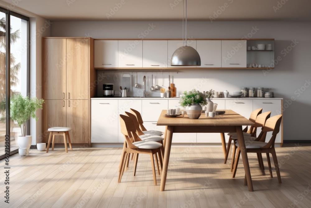 Fototapeta premium Minimal apartment with a Scandinavian-style kitchen, minimalist cabinetry, and an open dining area, Generative AI