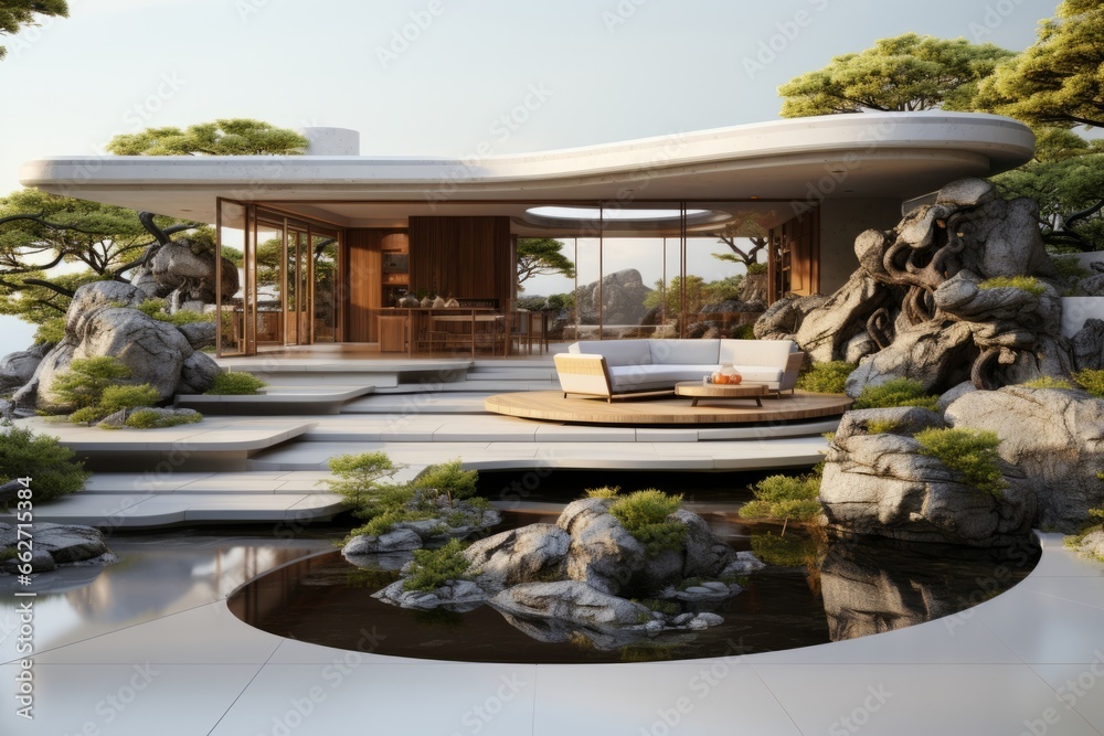 Minimal hotel courtyard with a zen garden, koi pond, and meditation areas for ultimate relaxation, Generative AI