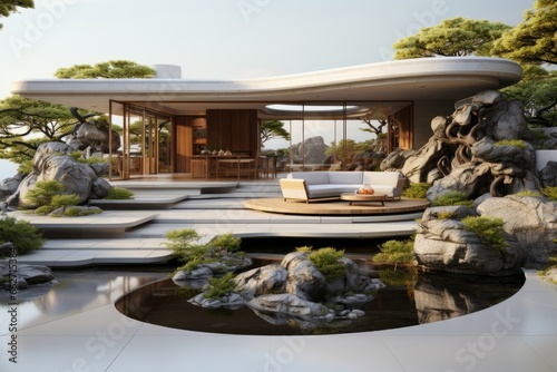 Minimal hotel courtyard with a zen garden  koi pond  and meditation areas for ultimate relaxation  Generative AI