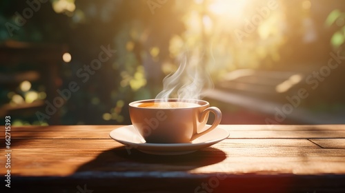 A steaming cup of coffee on a wooden table ultra realistic illustration - Generative AI.