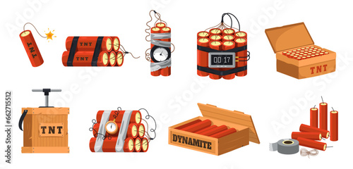 Cartoon dynamite. Military explosive with timer, detonator and fuse, dangerous blasting tool for mining and construction. Vector isolated set