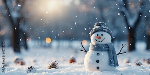 A cute smiling snowman in the biggest of the snow with a background. bokeh a Christmas tree and house the mountain. It's a blurred background. Generative AI © chartchai