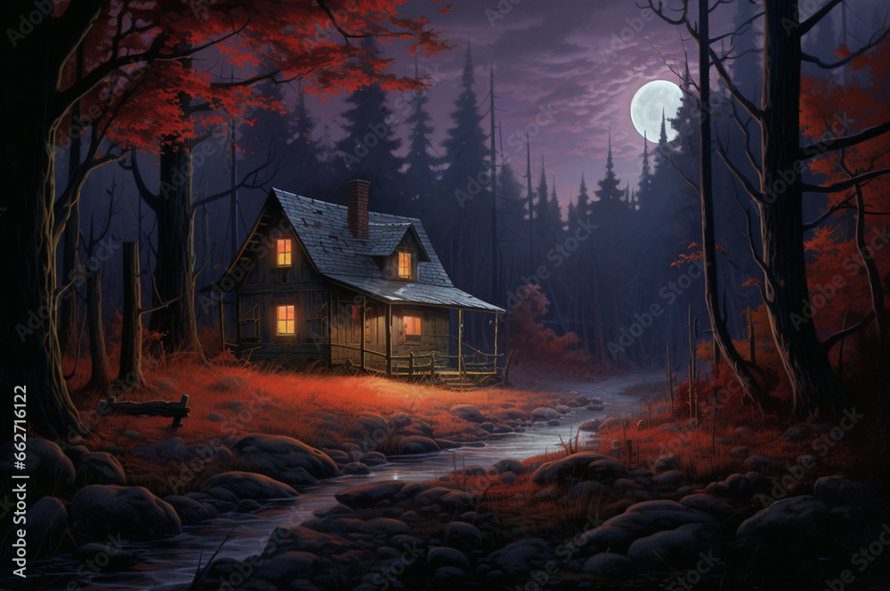 Mystical gloomy night landscape with a scary house, the moon and ...