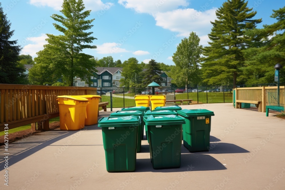 a community park with recycling bins a community park with recycling bins
