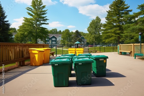 a community park with recycling bins