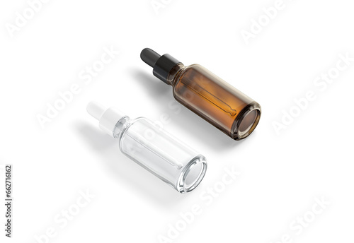 Blank transparent and amber glass dropper bottle mockup  side view