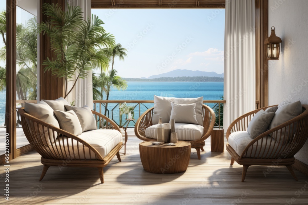 Tropical minimal hotel room with bamboo furniture, lush greenery, and a private balcony overlooking the ocean, Generative AI