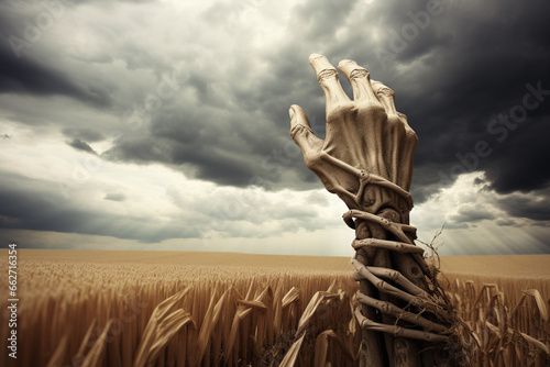 Hand of the living dead protrudes from the ground into a field, creepy Halloween illustration. AI generated