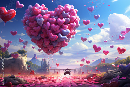 Powerful war tank surrounded by a sea of love hearts, symbolizing the 