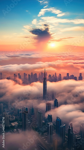 Aerial view of skyline at sunrise