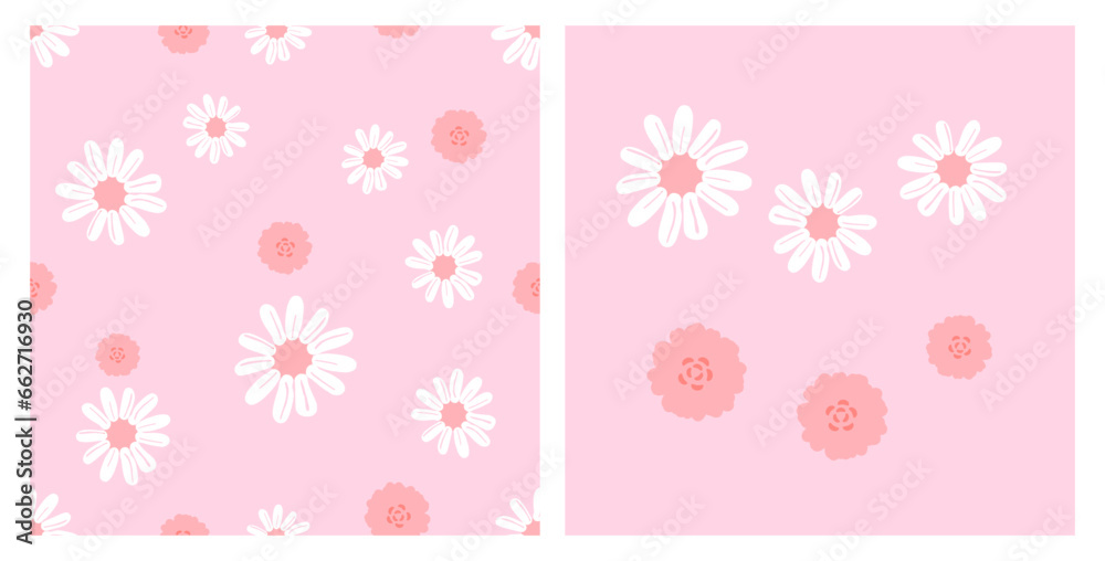 Seamless pattern with pink flower and daisies on pink background vector illustration.