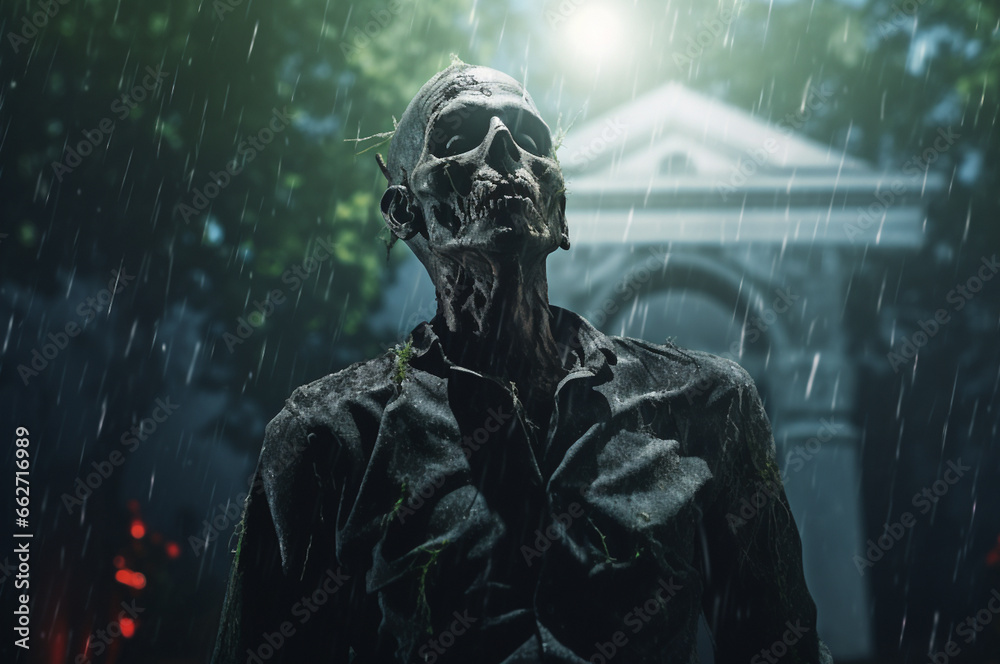 A living dead man walks through a cemetery at night in the rain, creepy Halloween illustration. AI generated