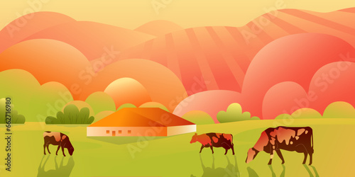 Autumn landscape depicting cows in a meadow. Vector illustration with gradient. Free range of animals on the farm. Simple light and bright illustration with animals