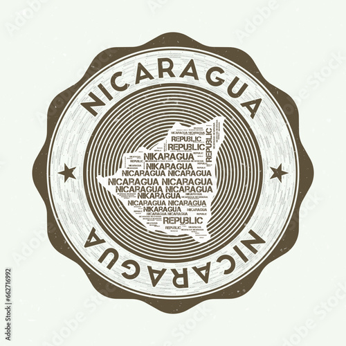 Nicaragua seal. Country round logo with shape of Nicaragua and country name in multiple languages wordcloud. Artistic emblem. Neat vector illustration.
