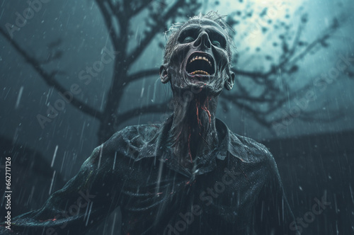 A living dead man walks through a cemetery at night in the rain, creepy Halloween illustration. AI generated